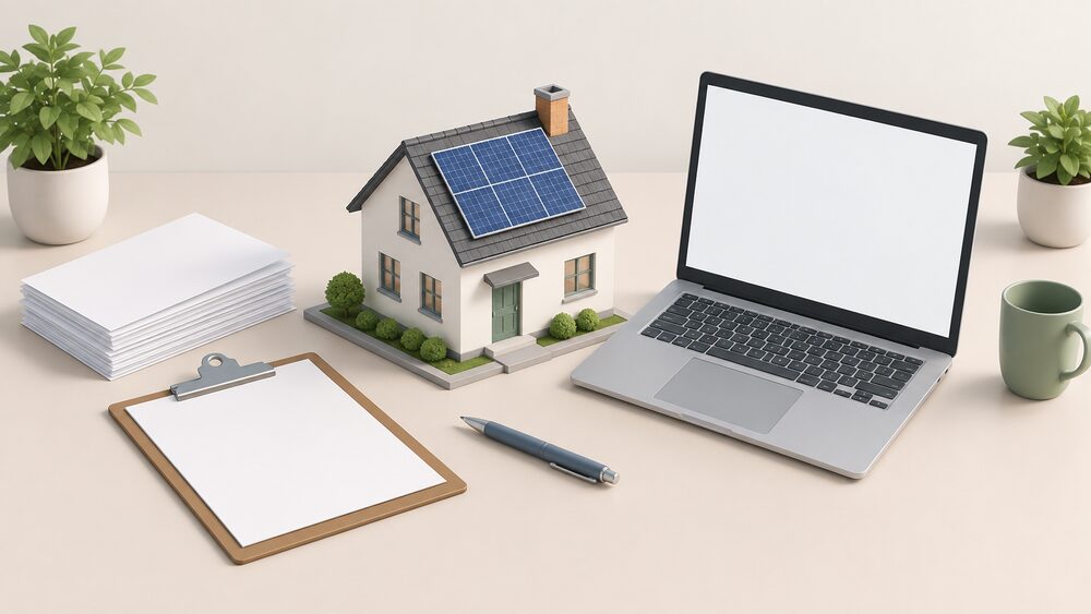 A small model of a house with a solar panel on its roof sits on a desk beside a laptop with a blank screen, a stack of blank application paperwork, a clipboard and a pen, suggesting a household checking whether their planned energy work needs planning permission.