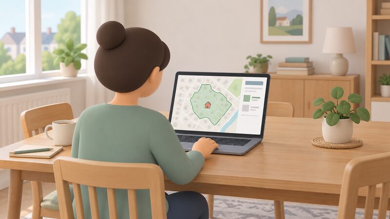 A householder at a table at home viewing a council planning checker on a laptop, the screen showing a simplified map with one property marked inside a plain shaded conservation area boundary.