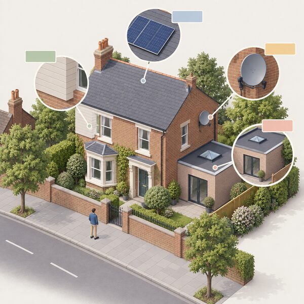 A modest brick house in a leafy conservation area street, shown with cutaway thought-bubble style overlays of external wall cladding, a single-storey rear extension, rooftop solar panels and a satellite dish, each marked with a plain planning-permission style tag, while a small isometric householder stands at the gate looking at the house.