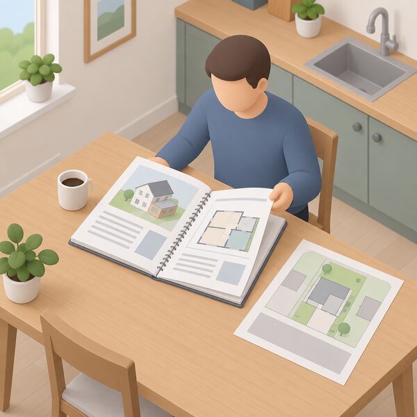 A householder's design and access statement shown as a bound printed document lying open on a kitchen table beside a simple site plan sheet, with a simplified isometric figure of the homeowner leafing through its pages of blank line blocks and plain colour plan drawings.