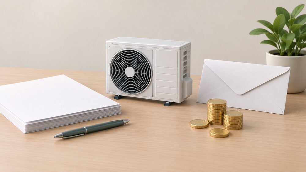 A small model of an air source heat pump unit stands on a plain desk beside a neat stack of blank official paperwork, a sealed envelope and a few coins, suggesting a government grant scheme that pays toward a heat pump installation.