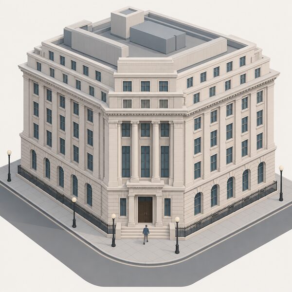A plain isometric view of a large stone government office building on a London street corner, with a small simplified figure walking toward the main entrance past a low front railing and street lamps, drawn without any signage, lettering or numbers.