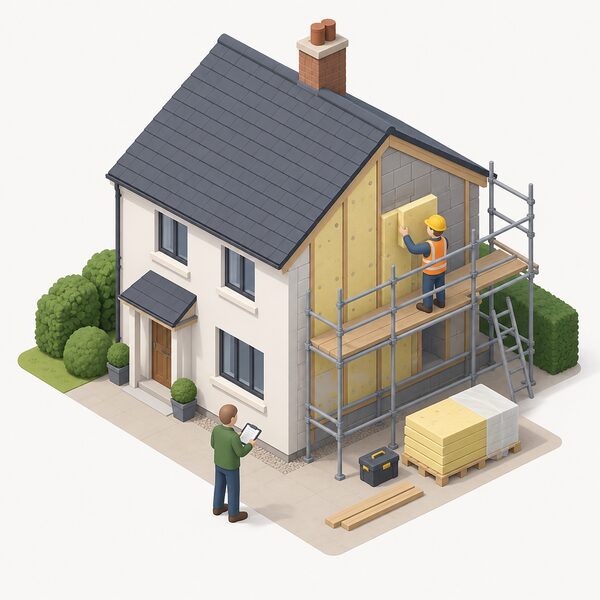 A retrofit coordinator, shown as a small isometric figure in plain clothing with a clipboard, stands at a home upgrade project site inspecting the installation work being carried out on the house, physically visiting the site as required since March 2025 to manage the design and installation of measures.