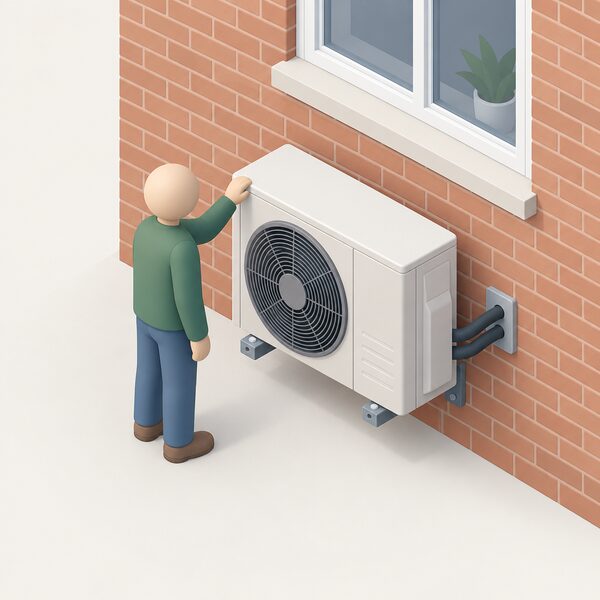 A small isometric figure stands beside an air-source heat pump unit mounted on the outside wall of a house, resting a hand on the unit, with the plain brick wall and a window behind it emphasising the physical asset the household controls.