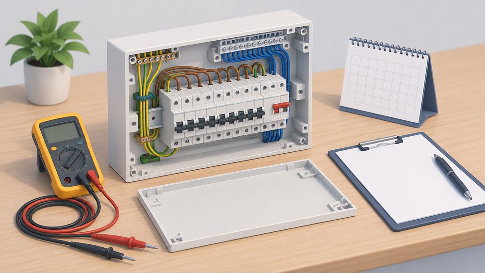 A domestic consumer unit with its front cover removed sits on a table beside an electrician's folded test leads, a blank report clipboard and a small calendar, all arranged as the moment before a scheduled fixed-wiring inspection.