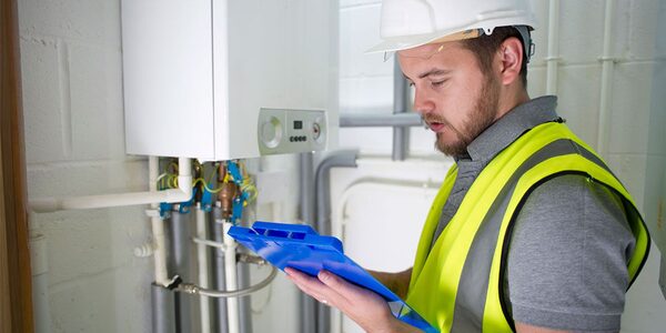 An engineer in a hard hat and hi-vis vest checks a clipboard next to a wall-mounted gas boiler and pipework
