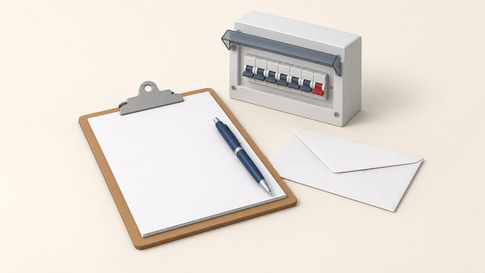 A small tabletop arrangement of a blank certificate document on a clipboard with a pen resting on it, a sealed envelope beside it, and a small model of a domestic consumer unit with its row of circuit breakers standing behind the paperwork.