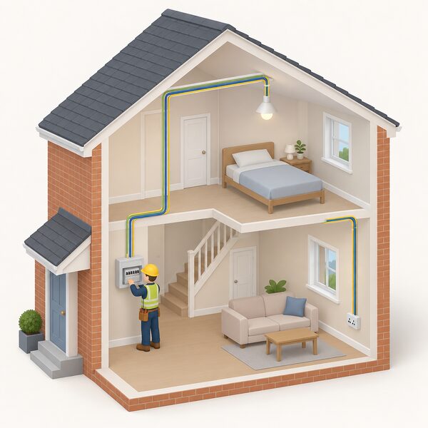 A cutaway view of a small house with a simplified electrician figure working on the consumer unit, with visible cables running to a socket and light fitting, showing new fixed electrical installation work being carried out in a dwelling.