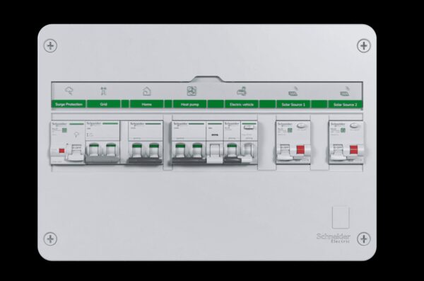 A Schneider Electric consumer unit with labelled circuit breakers for surge protection, grid, home, heat pump, electric vehicle and solar sources