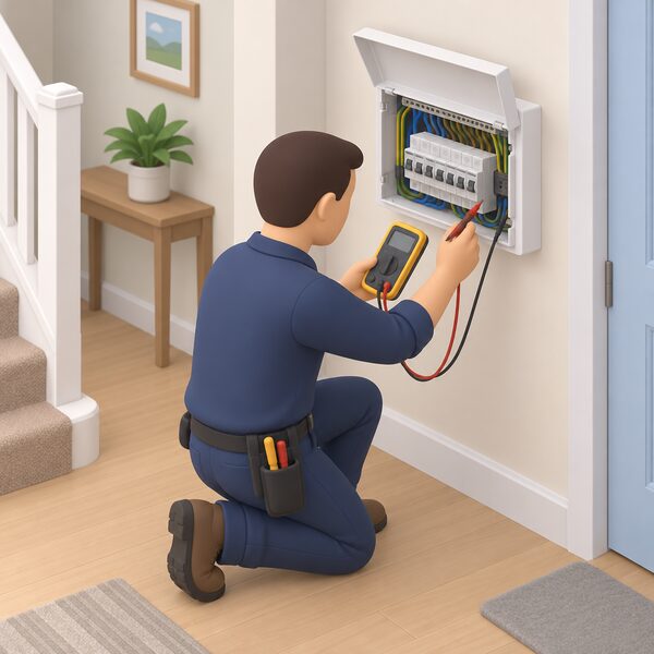 An electrician in plain work clothing kneels beside an open consumer unit in a home hallway, using a handheld tester with leads connected to the wiring, inspecting and testing the installation as required even for non-notifiable work.