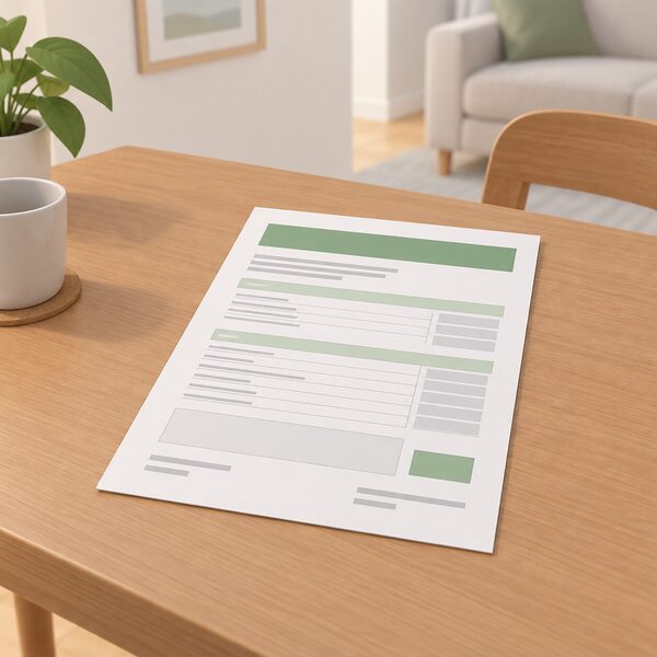 A printed electrical safety certificate lying on a table in a home, shown as a physical document with blank lines and plain blocks where the recorded details would be, with no readable words or numbers.
