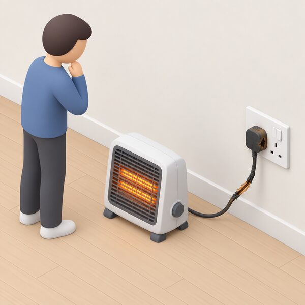 A small portable electric heater with a visibly damaged, scorched flex and plug standing on a floor, its plug inserted into a standard wall socket on a plain interior wall, with a simplified isometric figure pausing beside it having just noticed the fault.
