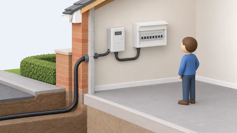 A cutaway view of a home wall showing the incoming electricity service cable from the street entering the meter, with a cable continuing from the meter to the consumer unit with its row of circuit breakers, and a simplified figure standing beside them.