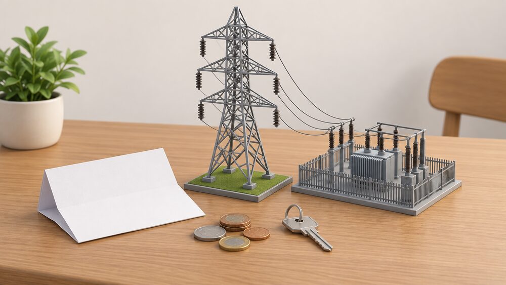 A small model electricity pylon and a miniature substation stand on a wooden table beside a folded blank electricity bill, a few coins and a house key, suggesting the network infrastructure that a household's standing charge pays for.