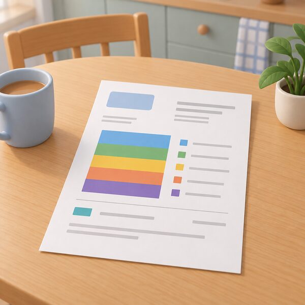A paper domestic energy bill lying on a kitchen table, drawn as a physical sheet with a plain stacked bar of colour bands representing wholesale costs, network costs, operating costs, policy costs and VAT, plus a separate standing charge line, all content shown only as blank lines and plain colour blocks with no readable words or numbers.