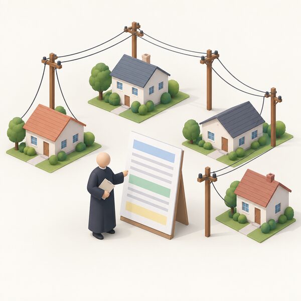 A simplified neighbourhood of houses served by wooden poles and overhead wires, with a plain robed official figure standing beside a large document on a stand marked with blank colour bands, overseeing the network rather than a marketplace of traders.