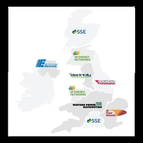 A map of the UK and Ireland divided into electricity distribution regions, each labelled with the network operator's logo such as SSE, SP Energy Networks, Northern Powergrid, Western Power Distribution, Electricity North West, UK Power Networks and Northern Ireland Electricity