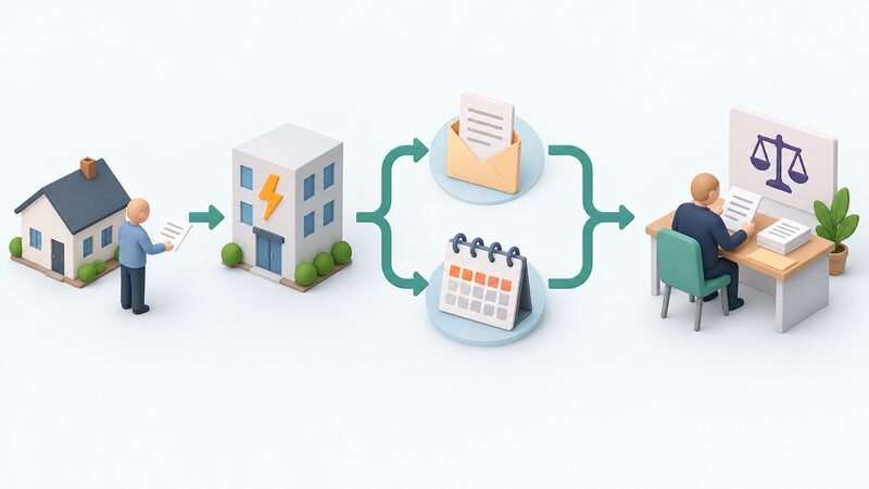 A simple flow diagram drawn as three connected stages: a householder's complaint letter to an energy supplier, then either a deadlock letter or the passage of eight weeks, then the Energy Ombudsman conducting an independent review of the file.