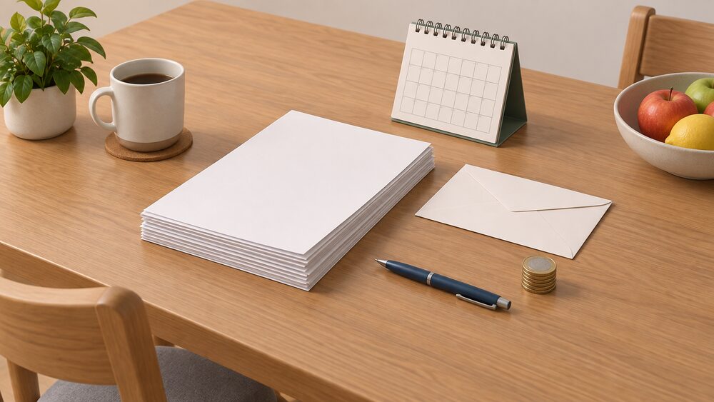 A kitchen table seen from above with a stack of blank complaint paperwork, a sealed envelope, a desk calendar, a pen and a small stack of coins, arranged as a household preparing to escalate an unresolved energy complaint.