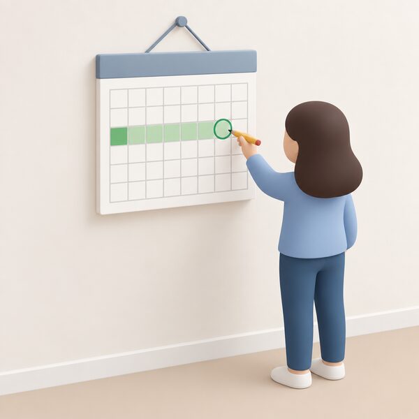 A wall calendar hanging on a plain home wall with a run of eight weeks shaded in plain colour from a first marked date to a final circled date, with a simplified figure standing beside it making a pencil mark to track the complaint period.