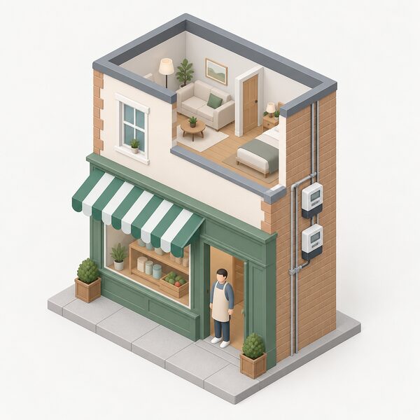 A small shop front with a flat above it, a simplified isometric figure of the shopkeeper standing at the door, with a domestic electricity meter and a separate business meter visible on the wall between the shop and the flat above.