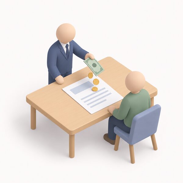 A simplified figure representing a supplier places coins and a banknote flowing down onto a customer's energy account statement lying on a table, showing a credit or refund being applied to the account as the practical remedy the Ombudsman can order.