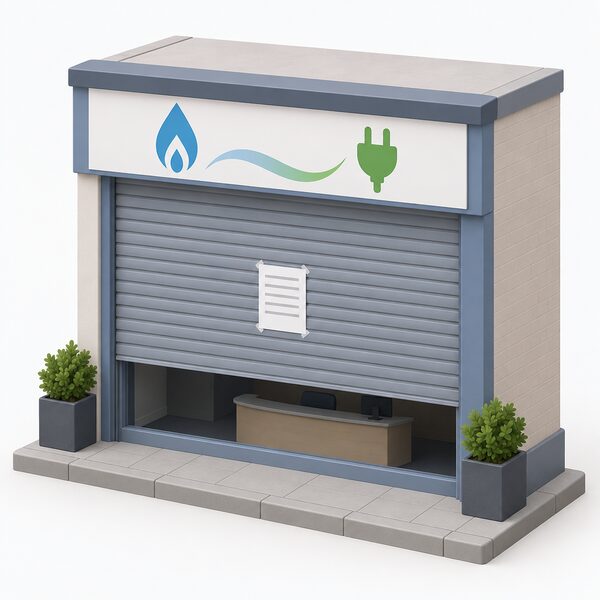 A small energy supplier's shopfront office closed down, with a metal security shutter pulled fully down over the dark window, an empty reception desk visible through a gap, and a plain notice sheet taped to the shutter carrying only blank lines.