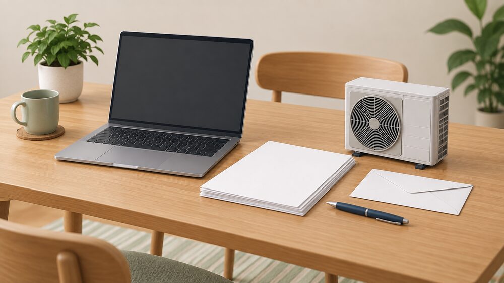 A kitchen table with a blank-screen laptop, a stack of blank consultation papers, a pen, an envelope and a small model of an air source heat pump standing beside the papers, suggesting a householder reading a proposal before responding.