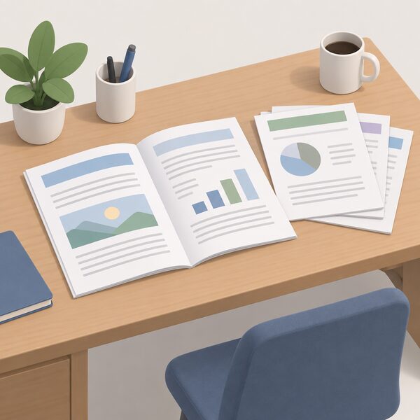 A printed consultation document lying open on a wooden desk, with two or three supporting analysis papers stacked beside it, drawn as physical sheets with plain colour bands and blank lines instead of readable content, in a simple office setting.