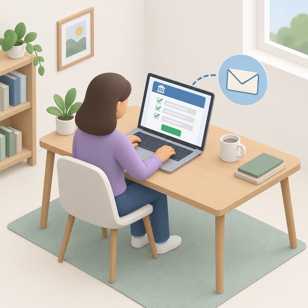 A person at a home desk submitting a consultation response on a laptop, the screen showing a government consultation page with a completed response form and a submit button, with an email option suggested beside it.