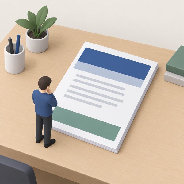 A printed government response document lying on a desk, its cover showing plain colour bands and blank lines, with a small isometric figure standing beside it reading the page where the decision is set out.