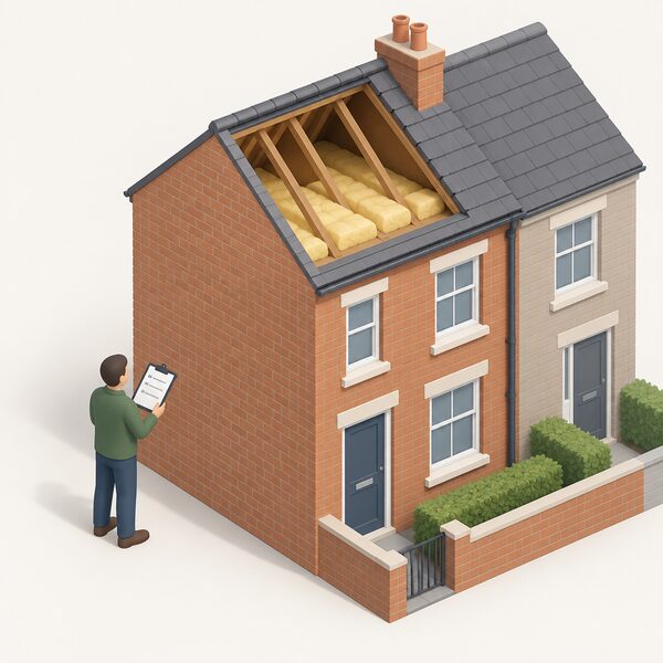 A simplified isometric assessor in plain clothing stands outside a small privately rented terraced house, clipboard in hand, inspecting the external wall and loft area while surveying the fabric of the property for energy efficiency standards.