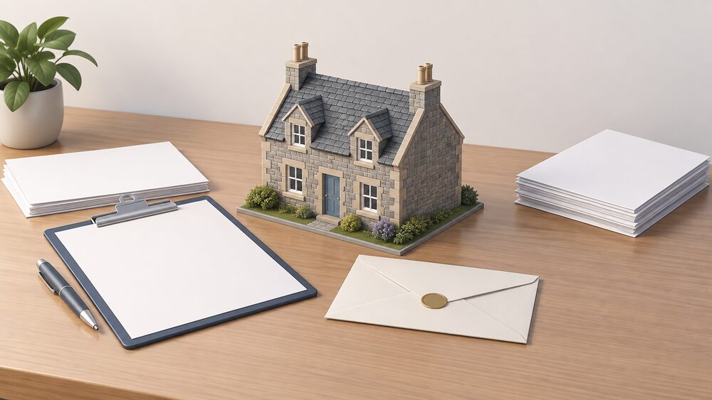 A small model of a Scottish stone house sits on a desk beside blank official paperwork, a clipboard with a blank form, and a sealed envelope, with a second stack of blank documents set slightly apart to suggest rules made elsewhere.