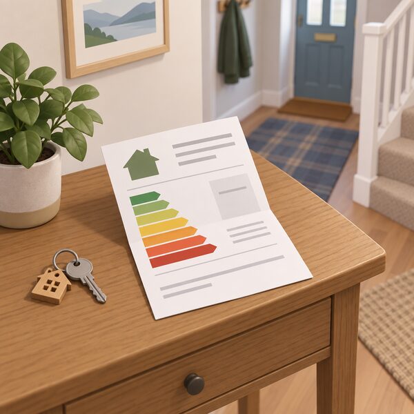 A folded energy performance certificate document lying on a wooden table in the hallway of a Scottish home, shown as a physical sheet with a plain colour rating band and blank lines instead of readable content, beside a house key and a small potted plant.