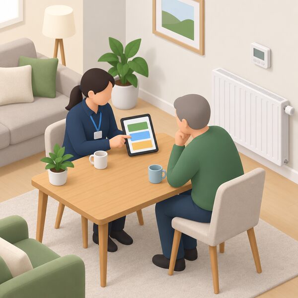 A Home Energy Scotland adviser sits at a living-room table with a householder, pointing at a tablet showing plain colour blocks while discussing the home's heating, with a wall thermostat and radiator visible nearby.