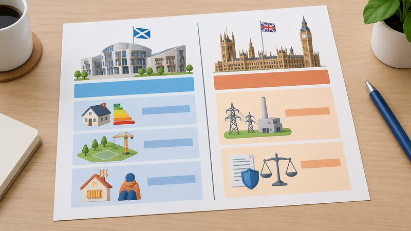 A printed diagram sheet laid on a table showing two plain colour-coded columns side by side, one column headed with a simplified Scottish Parliament building icon and the other with a simplified Westminster-style icon, each column containing stacked blank blocks with simple icons for building standards, planning and fuel poverty on one side and electricity supply and market regulation on the other, with a plain dividing line between the columns.
