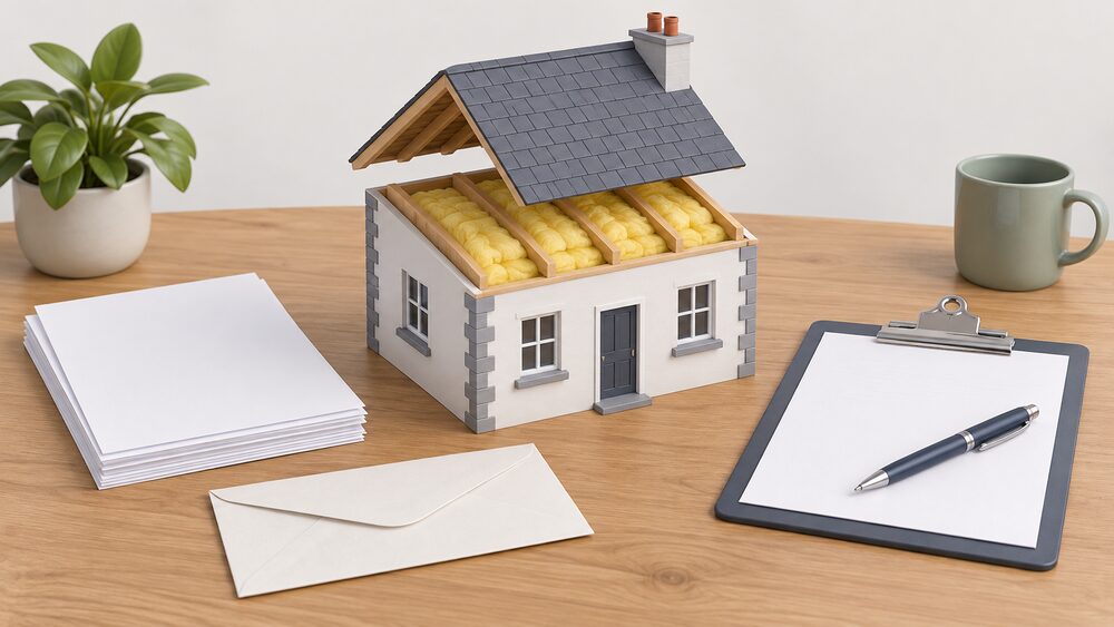 A small model of a Welsh house with a thick layer of loft insulation visible under its lifted roof sits centrally on a table beside blank application paperwork, a clipboard with a pen and a plain envelope, suggesting a household applying for a free home upgrade grant.