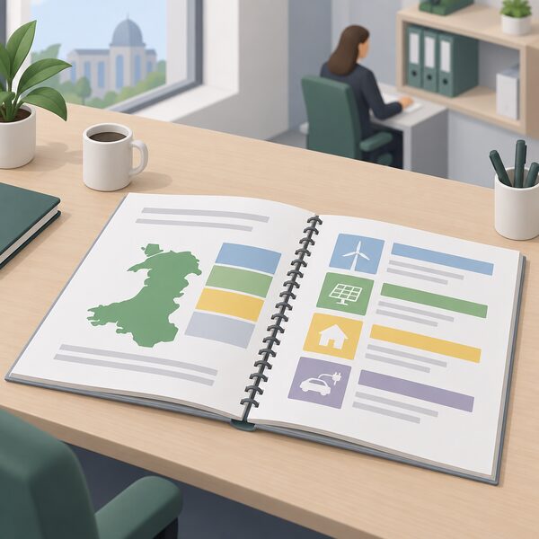 A bound plan document lying open on a desk in a Welsh Government office, its pages showing plain colour bands and blank blocks representing the energy system changes for net zero by 2050, with a simplified map of Wales as a plain colour region on one visible page.