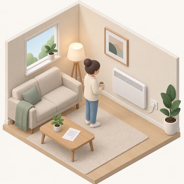A small isometric figure stands in a simply furnished living room beside a wall-mounted electric panel heater plugged into a socket, with a plain unmarked electricity bill lying on a nearby table.