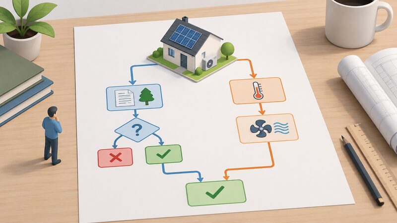 A printed flowchart sheet on a drawing table showing two parallel routes from a small house icon fitted with a heat pump and rooftop solar array: one branch through a permitted development decision block asking whether consent is needed, the other through two performance blocks for thermal and ventilation standards, both converging on an approval block.