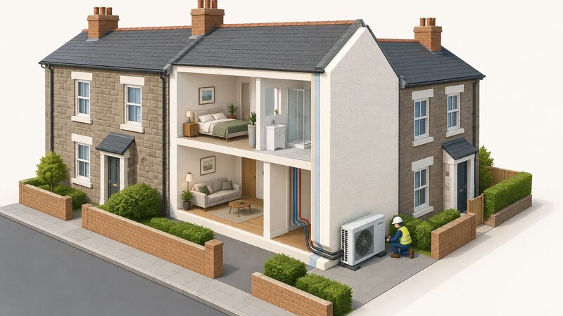 A Welsh terraced house shown in cutaway with one wall finished in thick external insulation while a simplified installer fits an air source heat pump unit on the ground outside, connected by pipework into the home, showing fabric work completed before low carbon heat.
