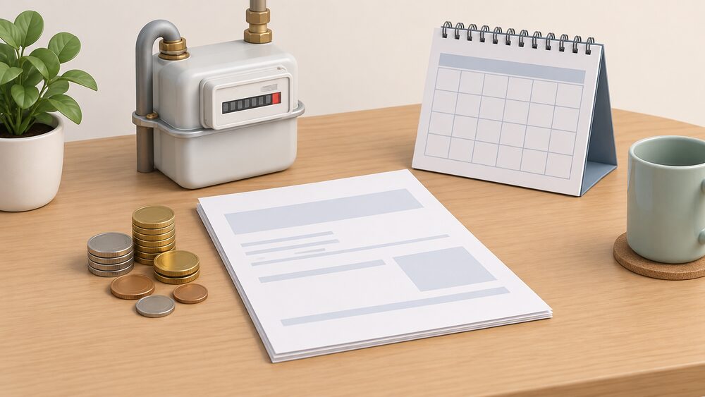 A small kitchen-table arrangement of a blank energy bill, a loose stack of coins, a small domestic gas meter and a wall calendar with blank date squares, arranged so the bill sits centrally with the coins beside it and the calendar behind.