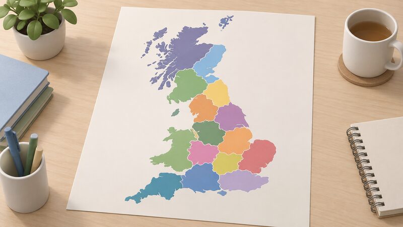 A simplified map of Great Britain drawn as a printed sheet, divided by clean boundary lines into fourteen plain colour regions, each shaded differently to show it carries its own price cap level, with no place names, numbers or labels anywhere on the map.