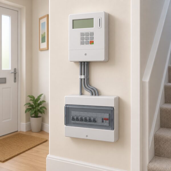 A domestic hallway wall with a prepayment electricity meter mounted at eye level, its keypad and display shown as plain blank blocks, with the meter supply cable running down into the household consumer unit below.