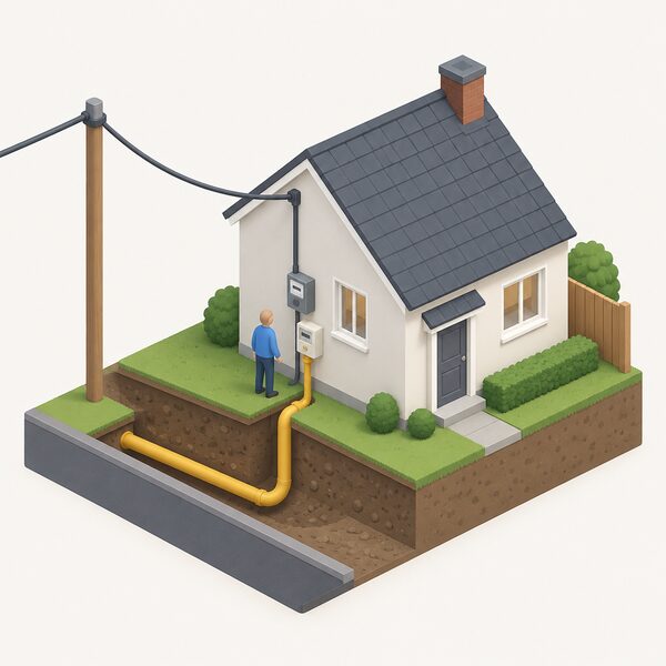 A simplified isometric view of a house with an overhead electricity cable and an underground gas pipe arriving from the network side, a small figure standing by the meter connections where the pipe and cable enter the home, showing energy being transported to the property.