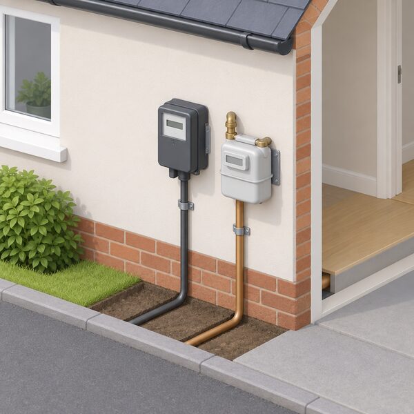 An isometric view of the outside wall of a house where the incoming electricity supply and gas pipe each pass through a metered connection, showing the two meters mounted side by side on the external wall with the supply cables and gas pipe running from the street into the house.