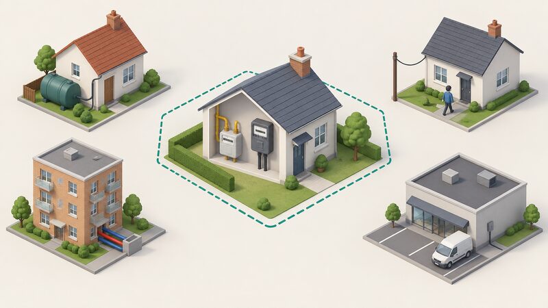 A simplified diagram scene with a boundary line enclosing one house supplied by a gas meter and an electricity meter inside the cap, while four separate small buildings outside the line show a fixed-tariff house, a business premises, a block of flats on a shared heat network, and a house with an oil tank.