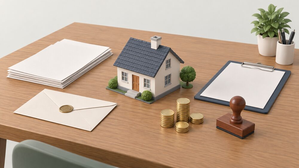 A small model house sits at the centre of a table, surrounded by blank official-looking paperwork, a sealed envelope, a stack of coins, a rubber stamp and a clipboard, suggesting the layers of rules and decisions that govern one home's energy.