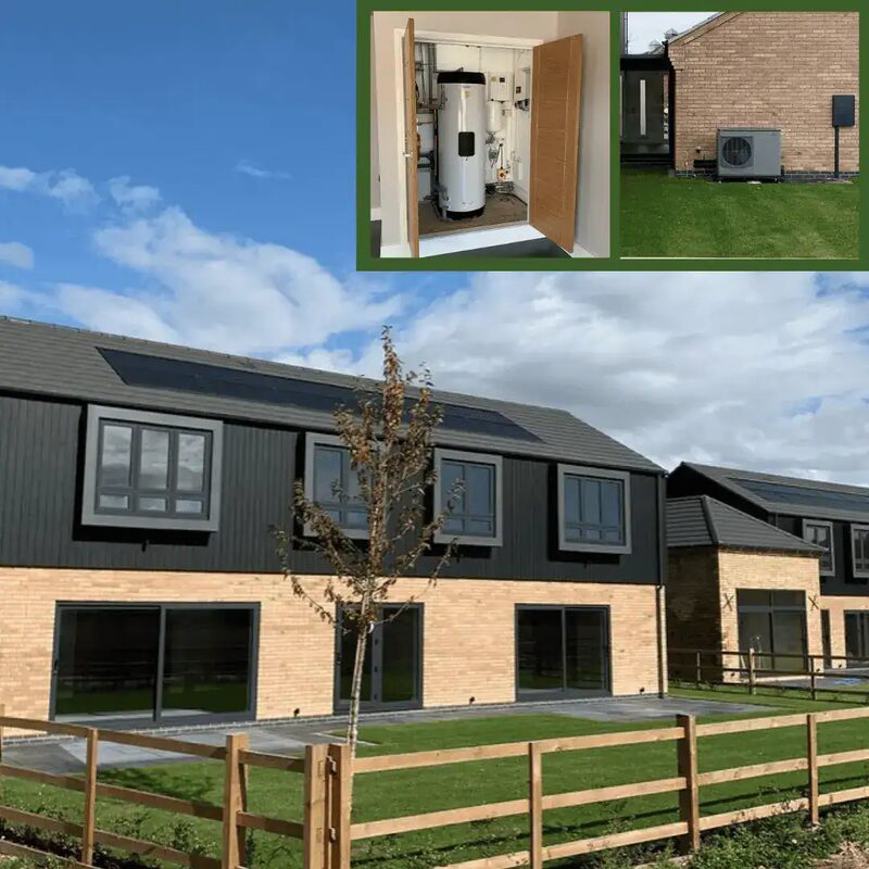 A collage of a modern self-build home with solar panels on the roof, plus inset photos of a heat pump cylinder in a cupboard and an outdoor heat pump unit beside a brick house