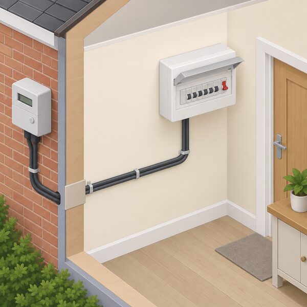 A simplified isometric view of a UK home's fixed electrical connections: a domestic electricity meter on the incoming supply side and a consumer unit with circuit breakers on an interior wall, shown as installed, safe fixed wiring between them.